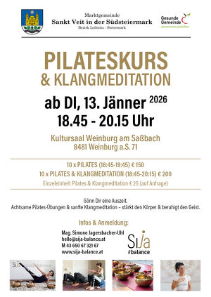 PILATESKURS ab 13. Jänner 2026 18:45-20:15 in Weinburg am Saßbach